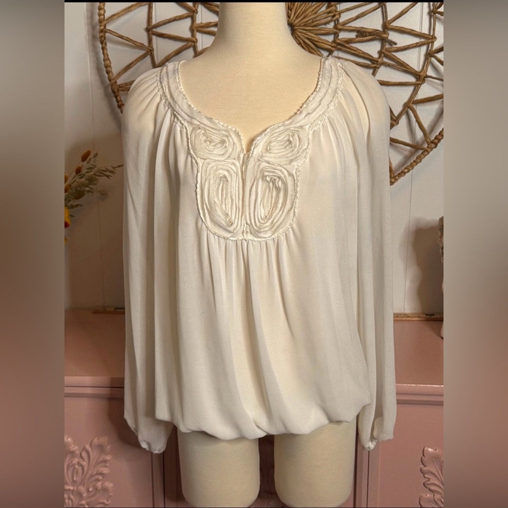 Women’s MediumSophie Max Cream Blouse with Embellished Neckline and Long Sleeves